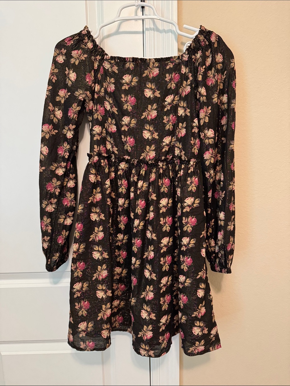 GAP Kids Black Floral Smocked Long-Sleeve Dress with Pink and Cream Flowers